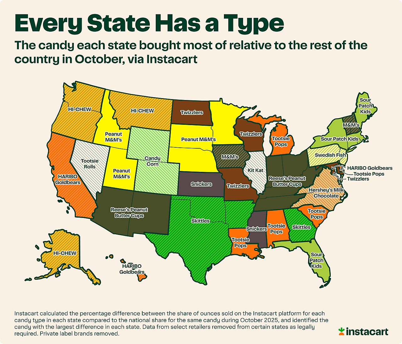 A map chart showing the candy brands that each American state bought most of relative to the rest of the country in October via Instacart.
