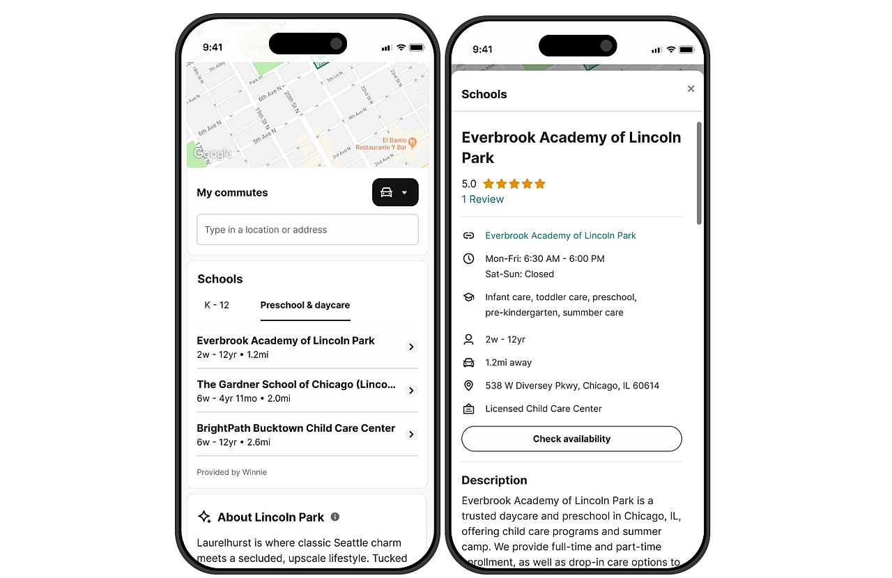 The childcare integration on Redfin, now available on mobile and desktop websites, displays nearby early care and education programs on for-sale property listings.
