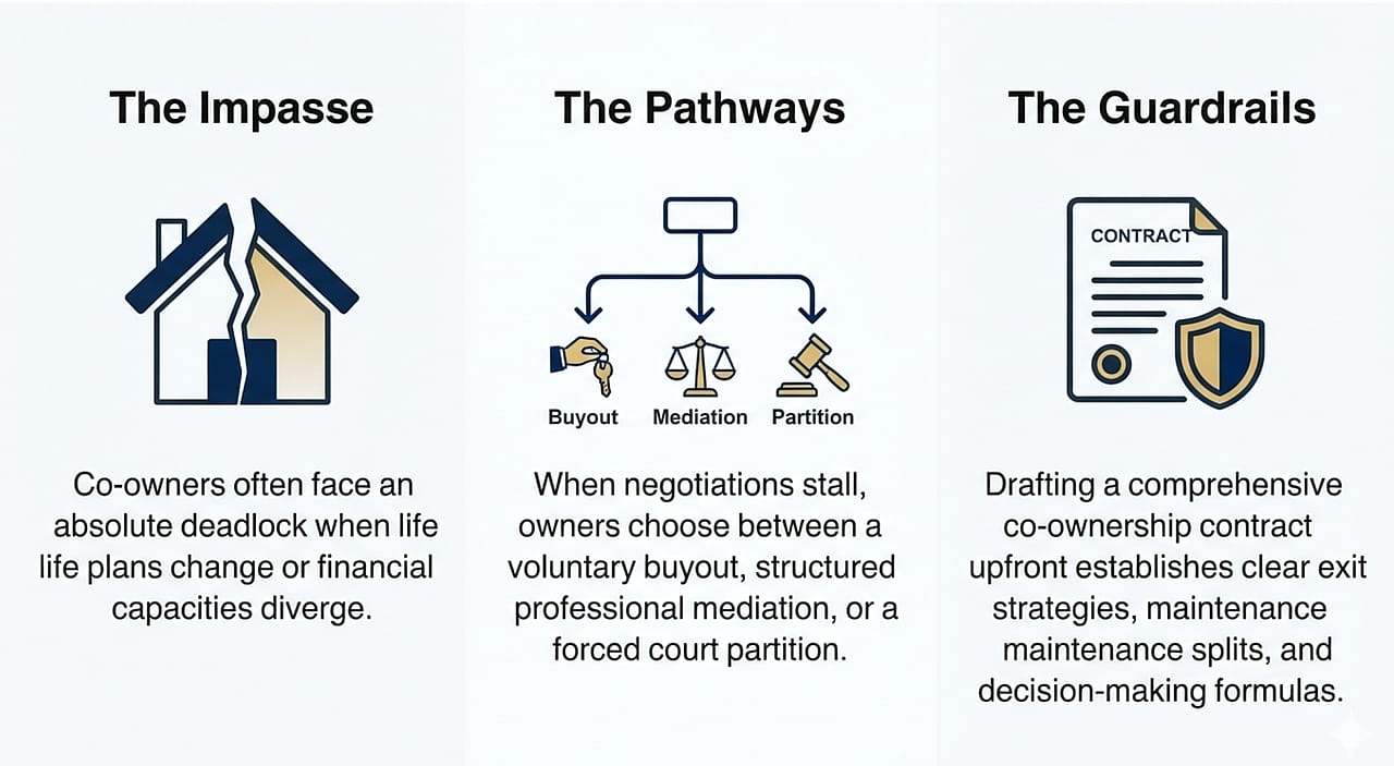 An infographic showing the impasse, pathways, and guardrails of co-ownership.