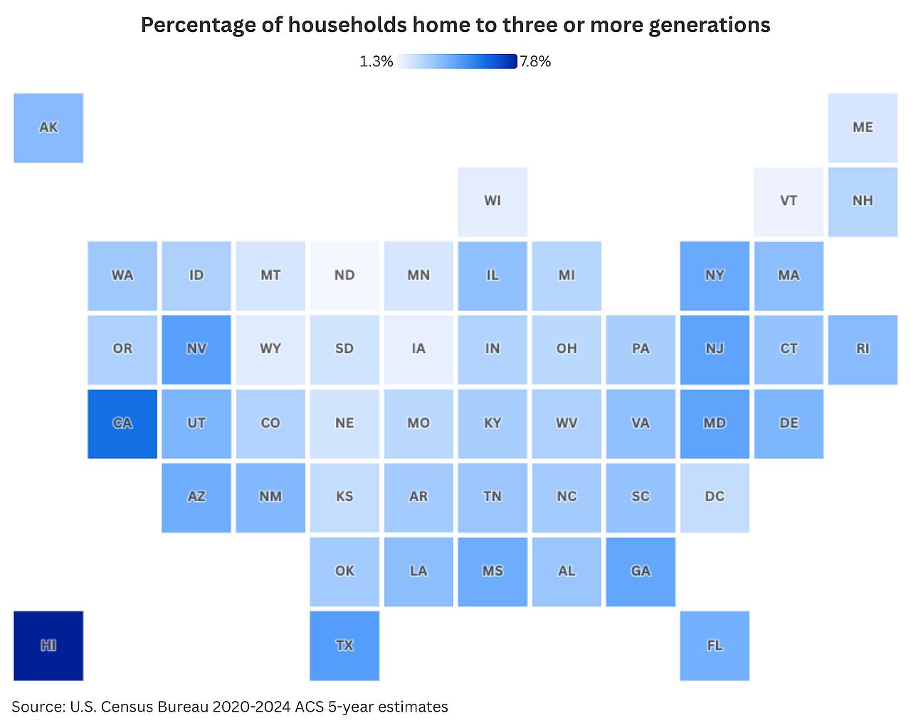 A block map chart showing the percentage of households that is home to three or more generations.