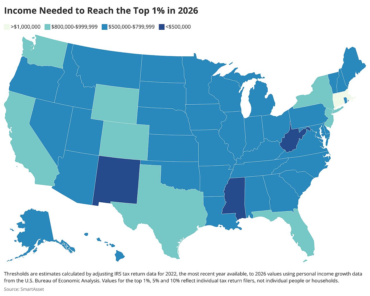 A U.S. map chart showing the income needed to reach the top 1% for each state in 2026.
