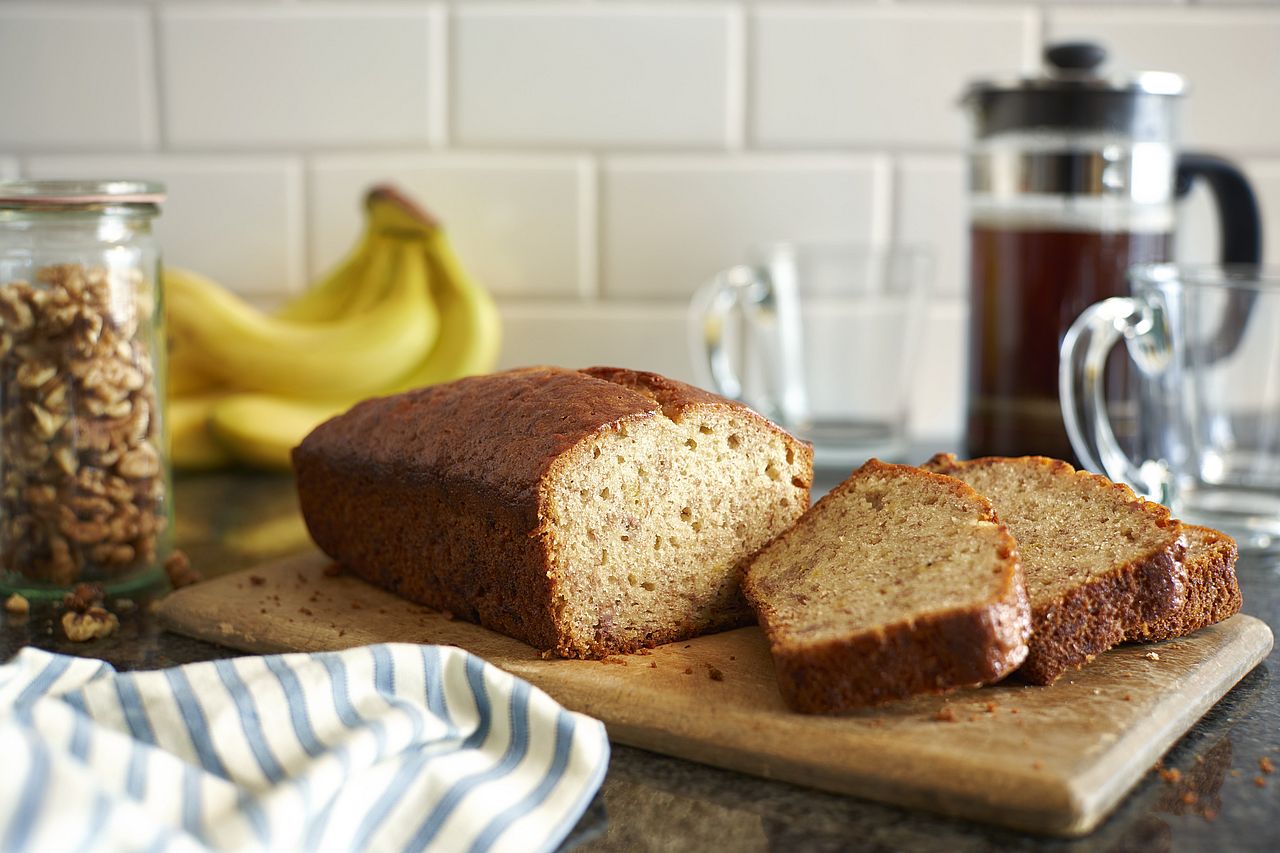 Slices of banana bread from a fresh loaf