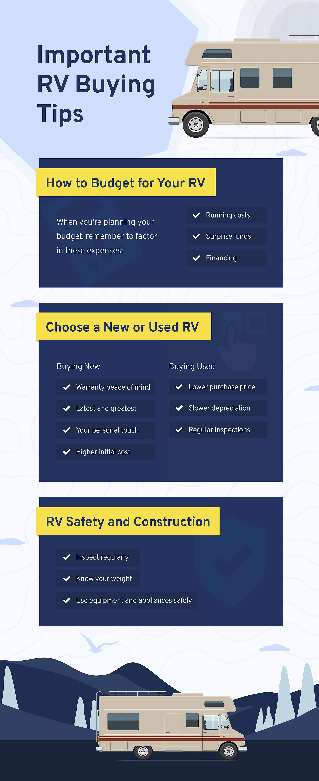 Infographic listing important RV buying tips.