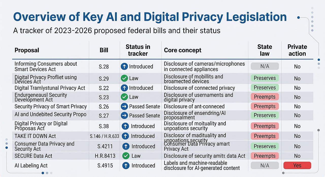 Infographic reporting the overview of key AI and digital privacy legislation.