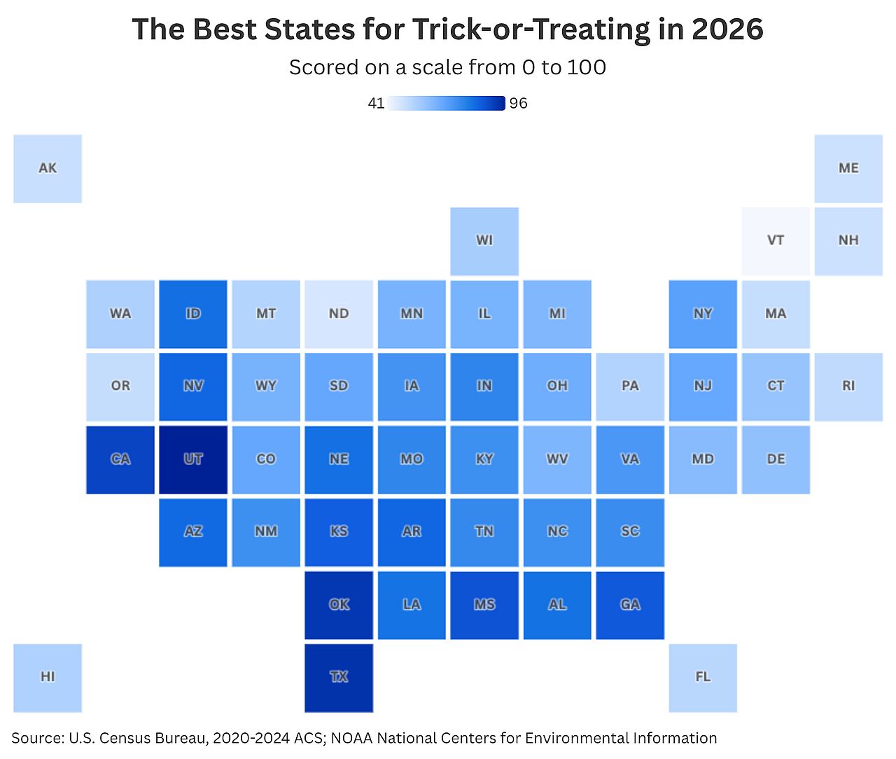 A U.S. block map chart showing the best states for trick-or-treat in 2026.