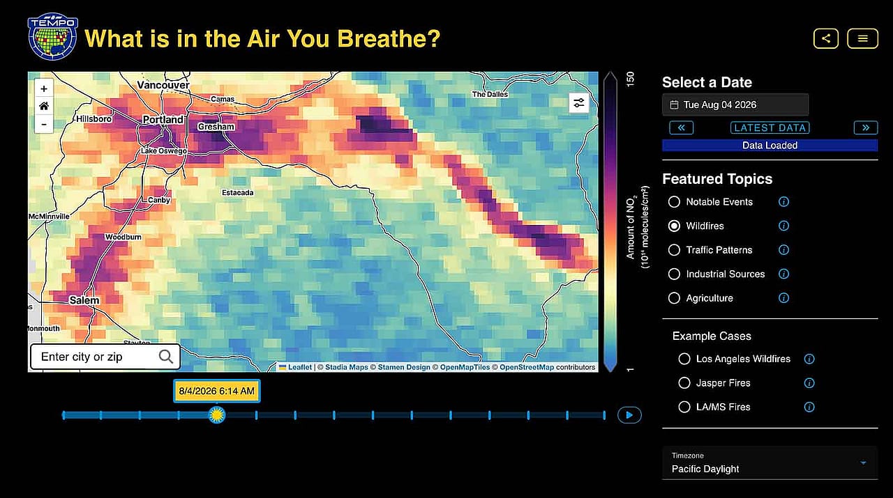 Screenshot of TEMPO satellite public-facing website showing a map of the region around Portland, Oregon, overlaid with an arc of darker pixels showing worse air quality over Salem, Woodburn, Portland, Gresham and non-urban areas east of the city.