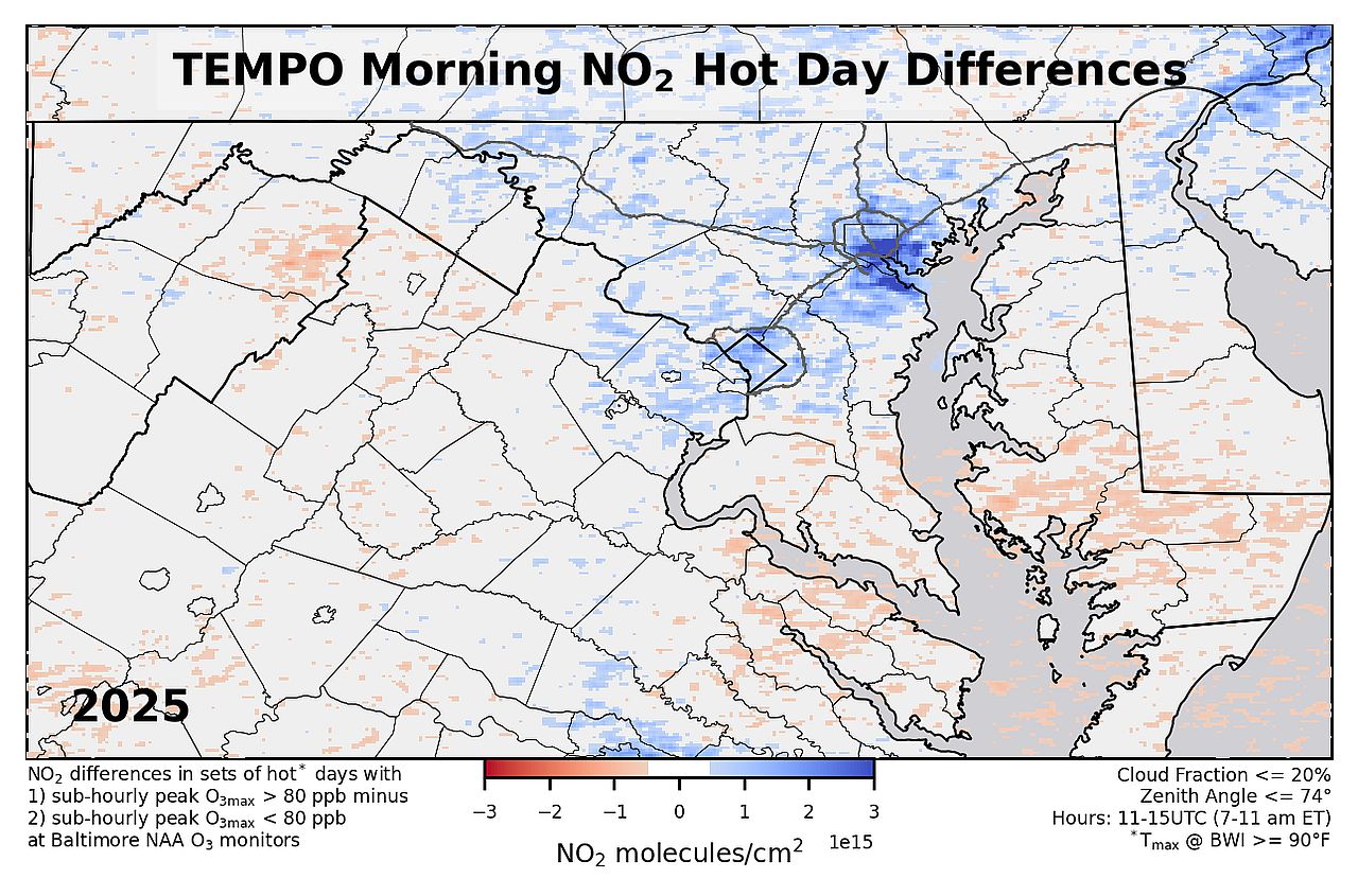 Graphic is a regional map of Chesapeake Bay region, including Washington, DC, and Baltimore, Maryland, overlaid with data on nitrogen dioxide levels. The highest concentration of NO2 is shown over Baltimore.