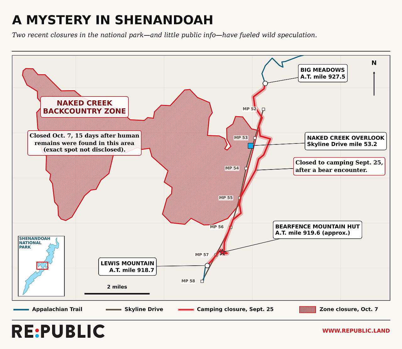 A Shenandoah National Park map showing two recent closures in the park and little public info about it.
