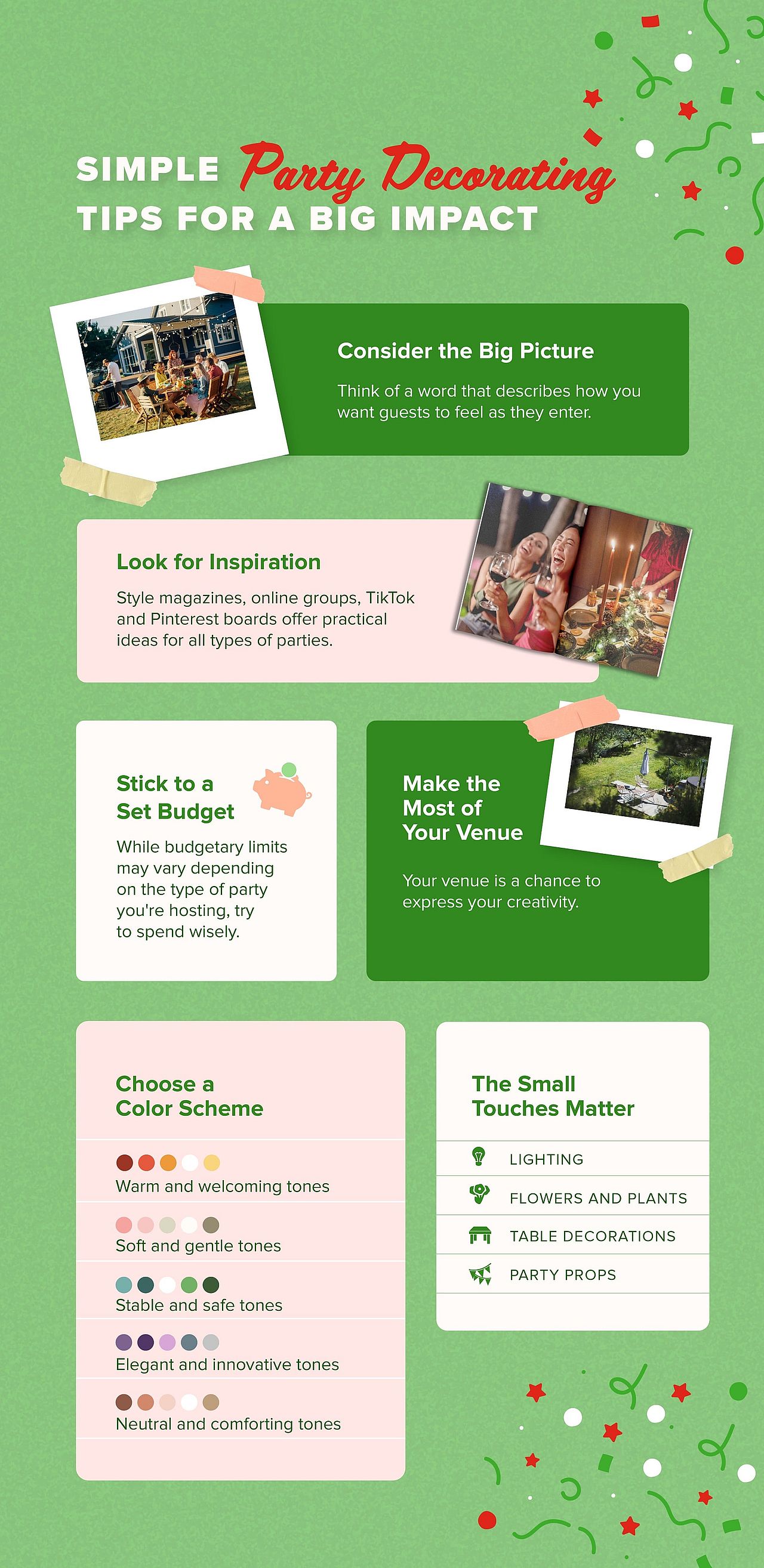 An infographic listing the simple party decorating tips that make for a big impact.