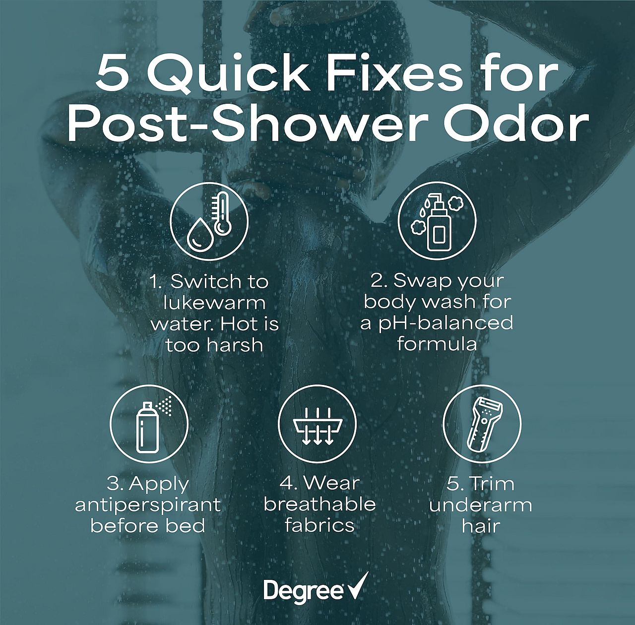 An infographic listing the five quick fixes for post-shower odor.