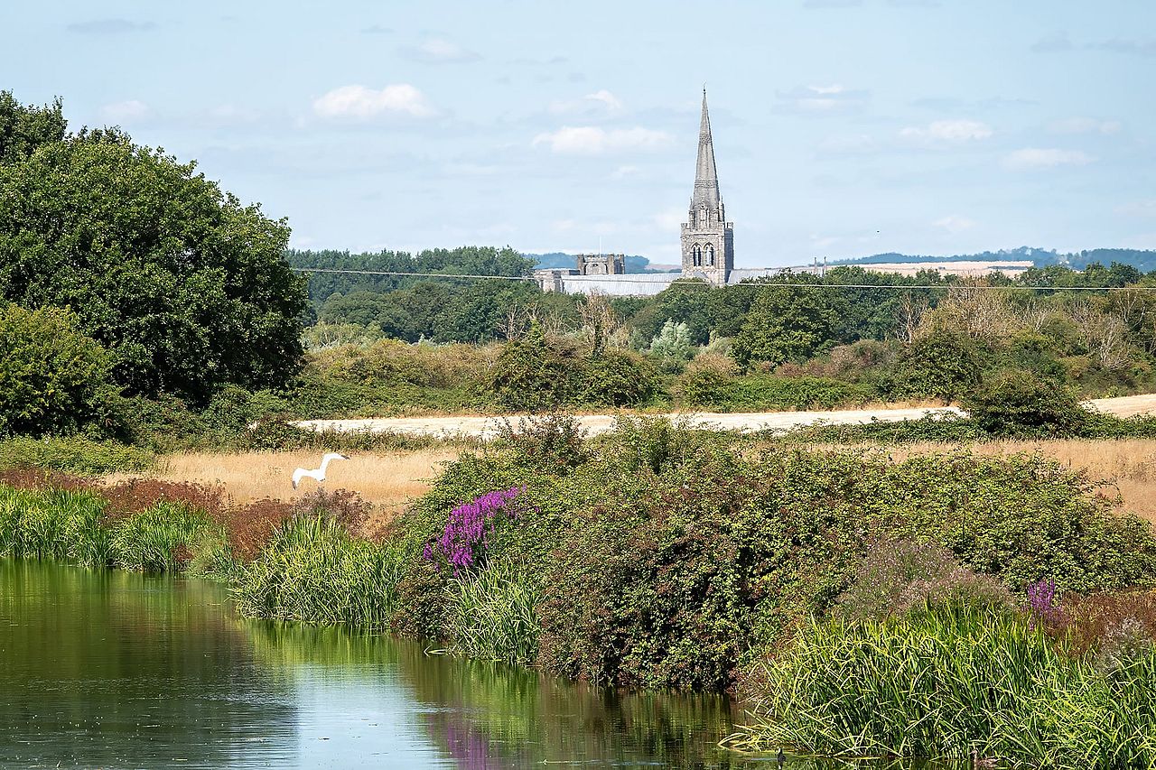 A view of Chichester Cathedral from the ship canal in West Sussex, England.