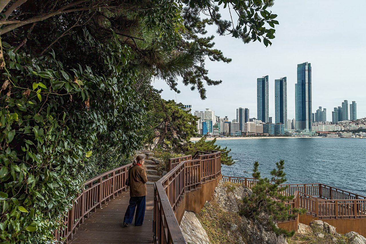 View of the boardwalk of Dongbaekseom Island in Busan, South Korea.