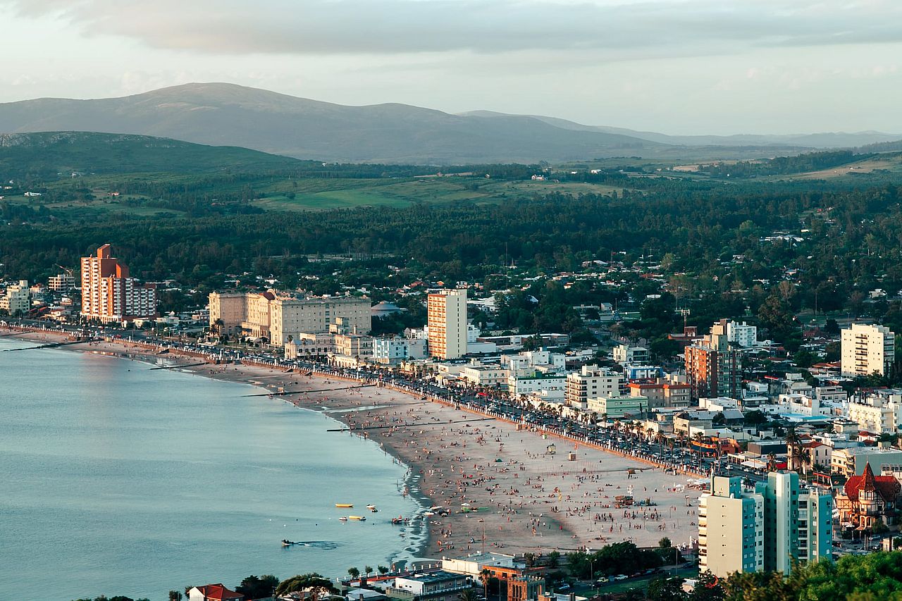 Aerial view of the coastline and city of Piriápolis in Uruguay.