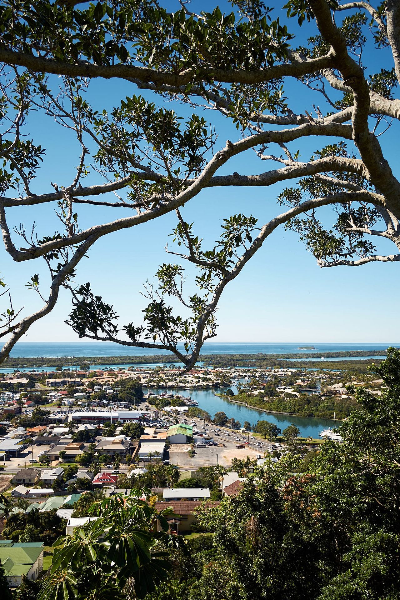 View looking toward the coast and river from the Razorback Lookout on Razorback Hill in Tweed Heads, New South Wales, Australia.