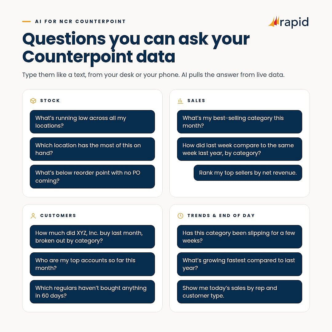 An infographic showing various questions you can ask your Counterpoint data.
