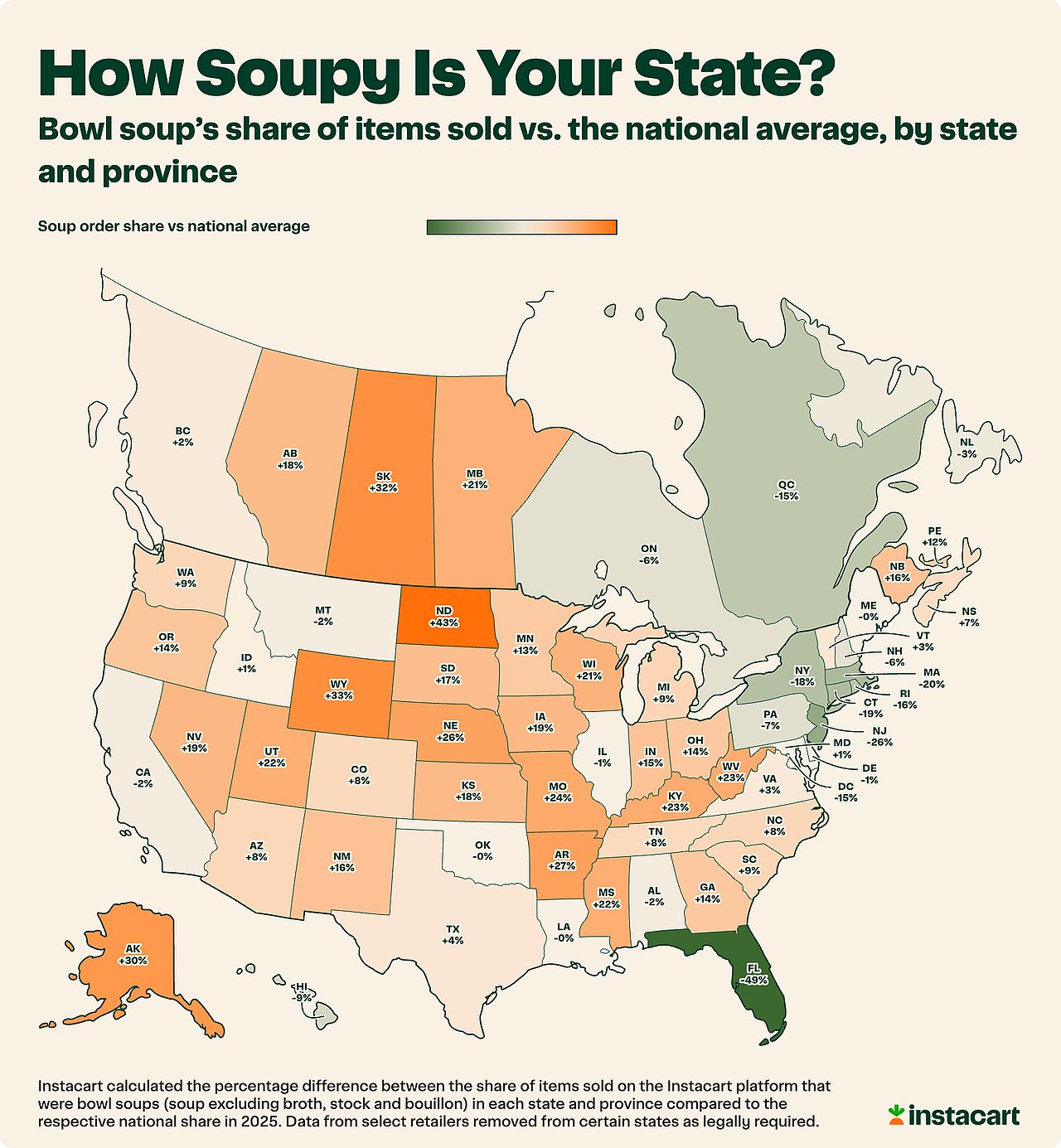 A data map of the US showing bowl soup's share of items sold vs. the national average, by state and province.