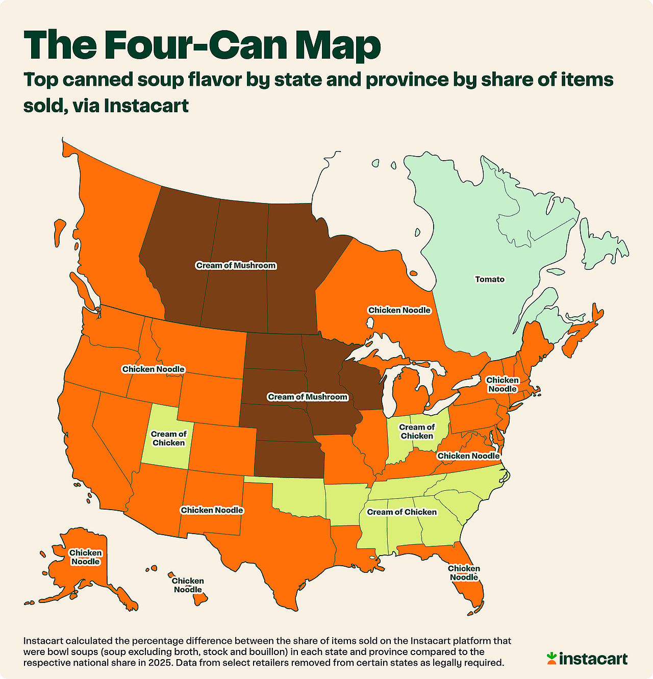 A data map showing the top canned soup flavor by state and province by share of items sold, via Instacart.