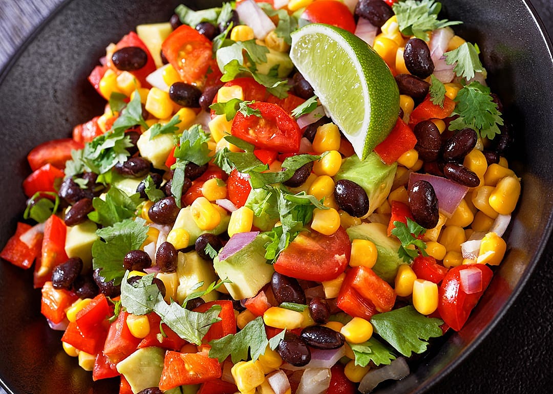 A bowl of black bean and corn salad.