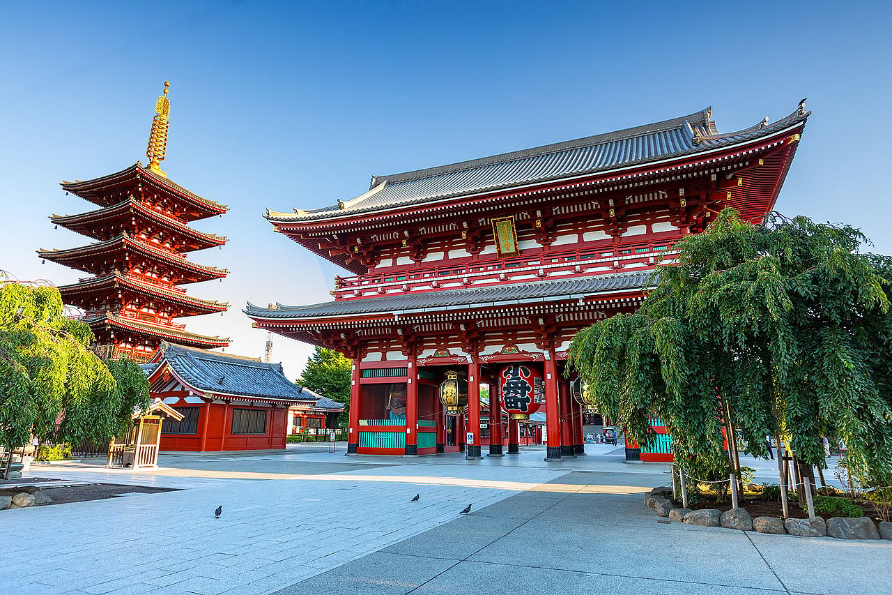 A wide-angle view of the Sensouji Temple in Tokyo, Japan.