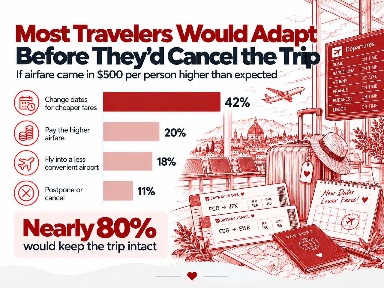 An infographic revealing data that most travelers would adapt before they would cancel the trip.