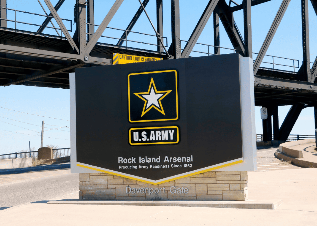 A sign for Rock Island Arsenal, the Davenport Gate.
