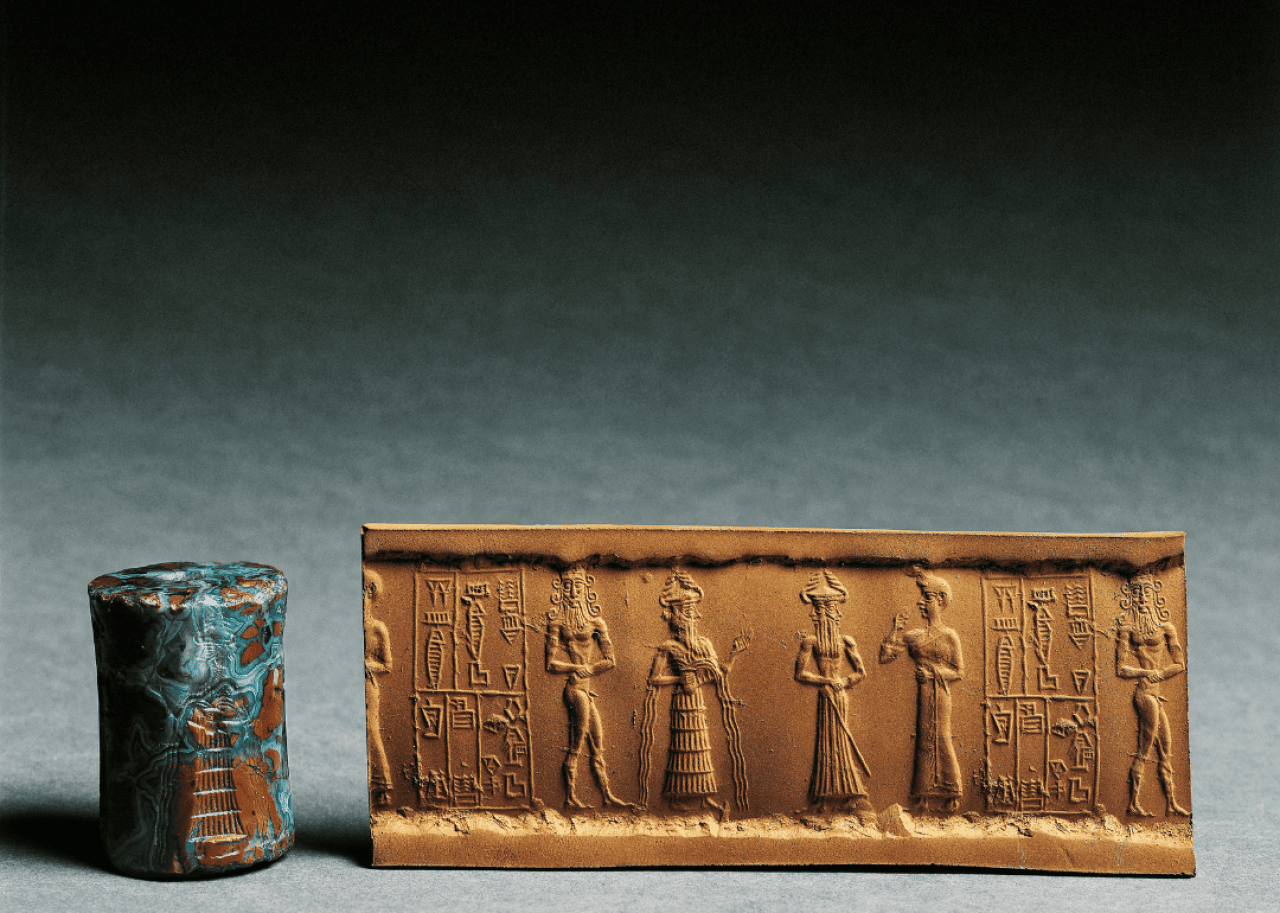 A Lower Mesopotamia cylinder seal displayed. 
