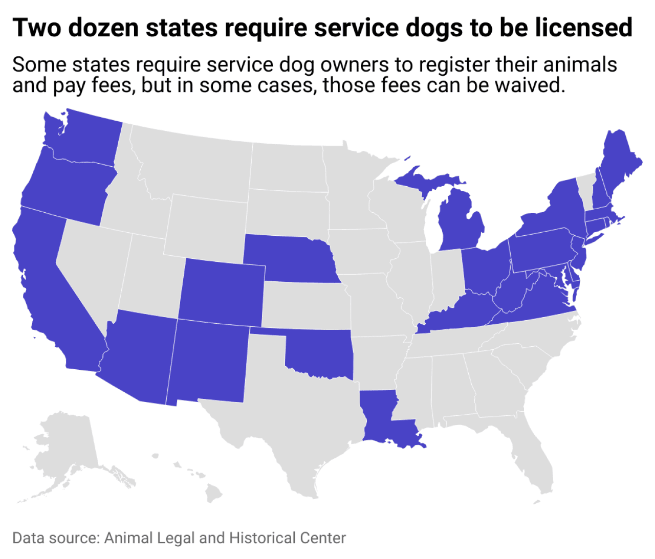 A map showing the 24 states where service dogs are required to be licensed.