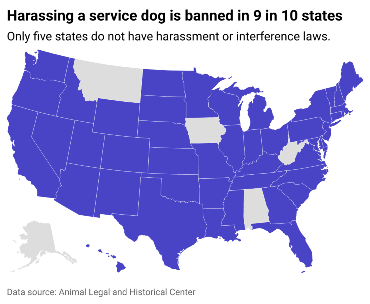 A map showing 9 in 10 states have laws against harassing or interfering with a service dog.