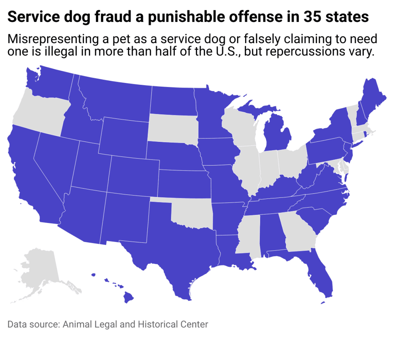 A map showing 35 states not have laws to combat service dog fraud.