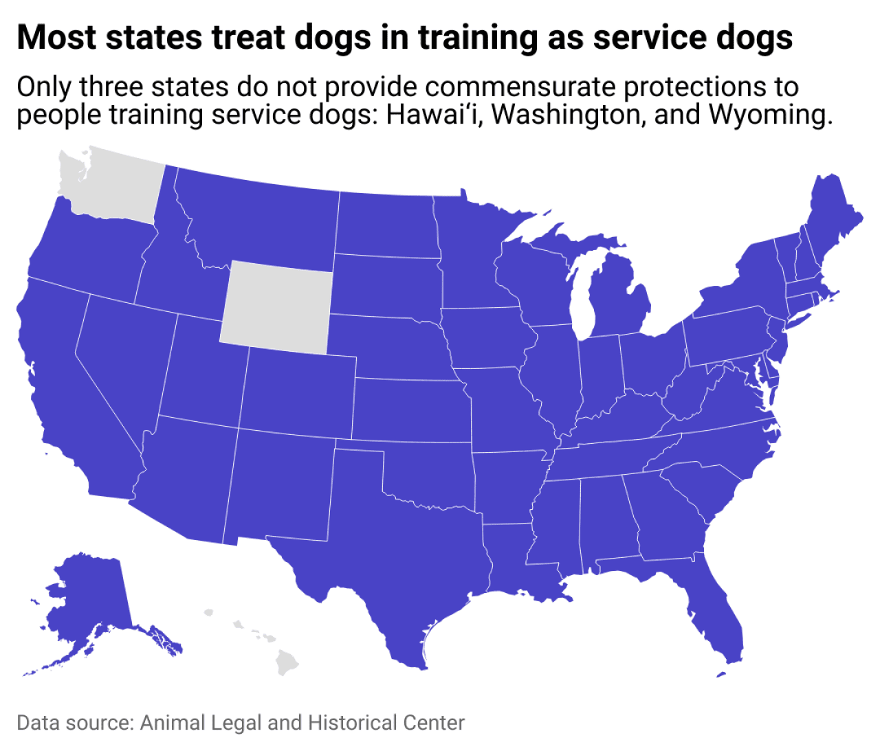 A map showing that only three states do not provide commensurate protections to people training service dogs: Hawaiâi, Washington, and Wyoming.