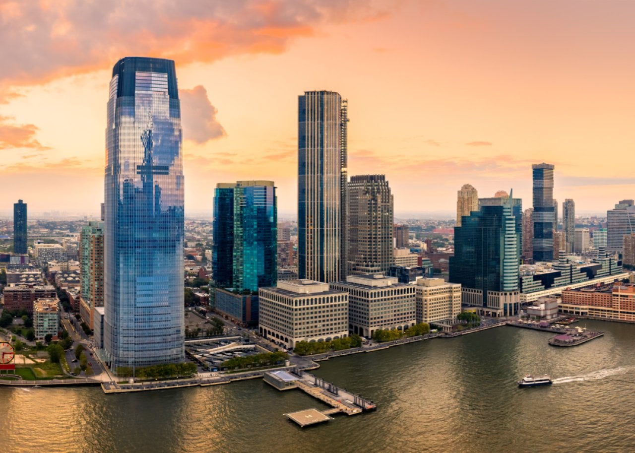 Jersey City skyline at sunset