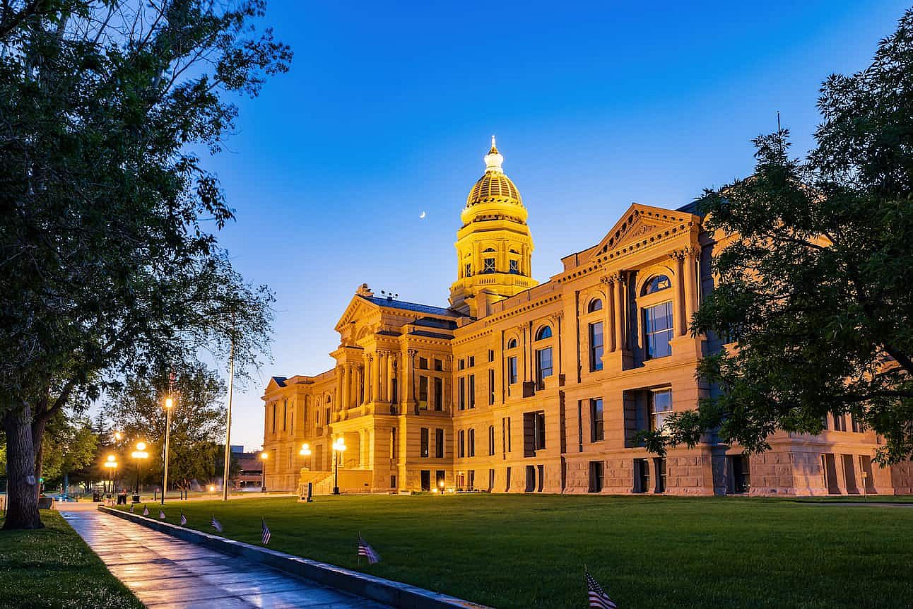 Sunset view of the beautiful Wyoming State capitol building at Wyoming