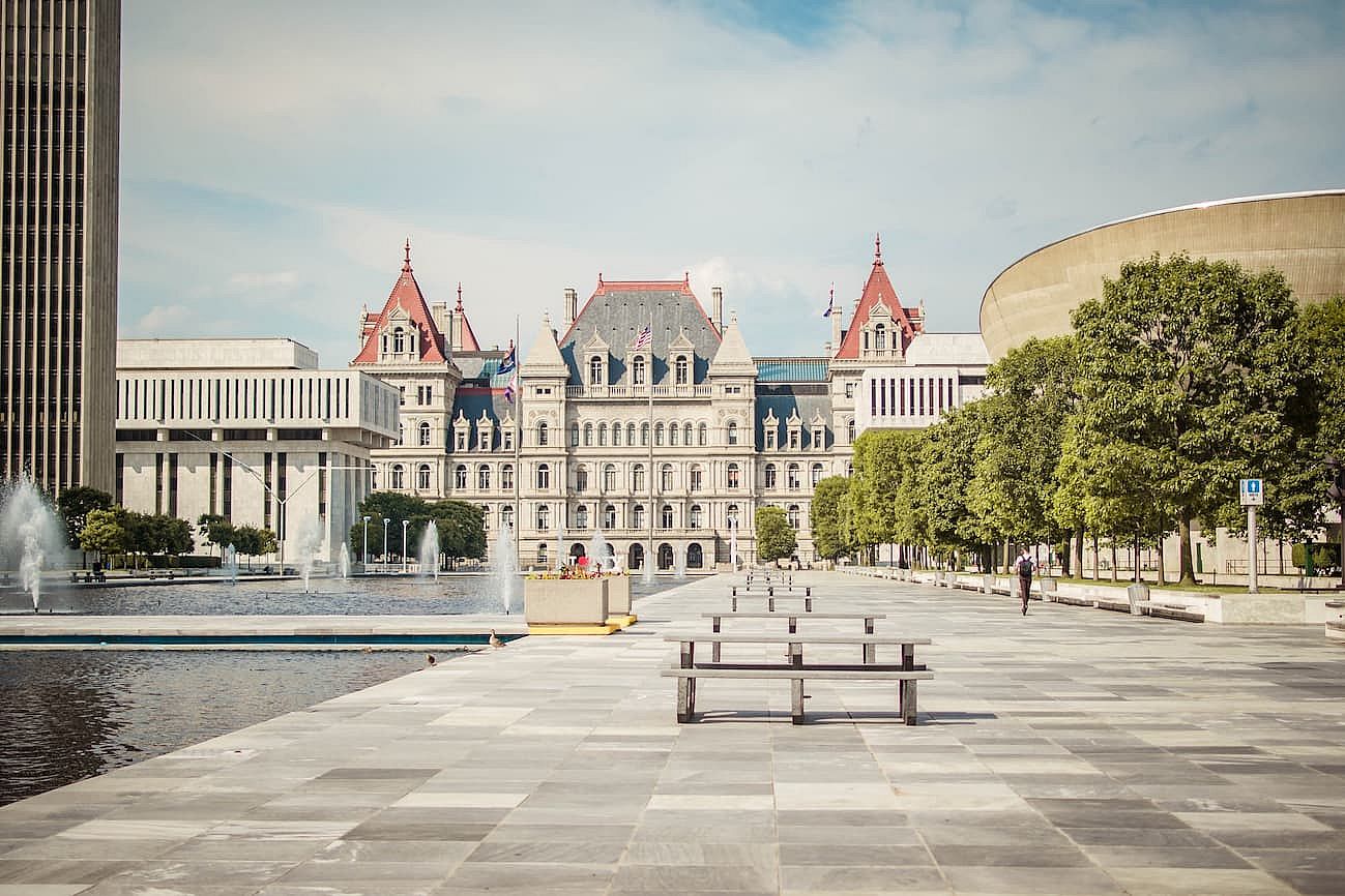 The state house (capitol building) of Albany, New York displays its beauty during a hot summer day.