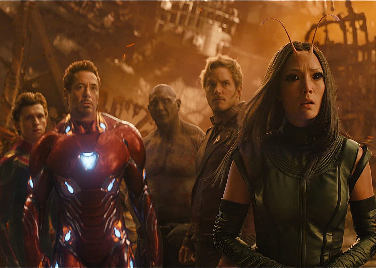 Robert Downey Jr., Chris Pratt, Dave Bautista, Pom Klementieff, and Tom Holland as avengers.