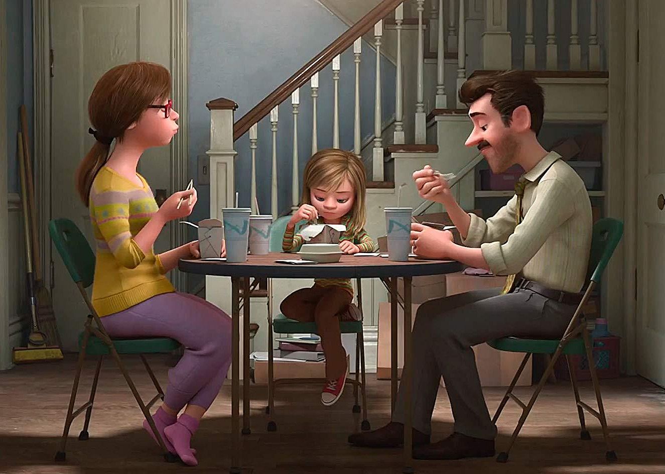A cartoon of a man, woman and girl sitting at a table eating takeout.