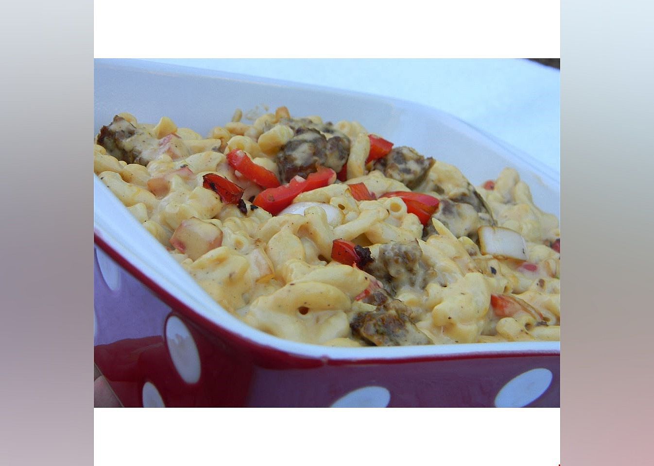 Macaroni and Cheese with Sausage, Peppers and Onions