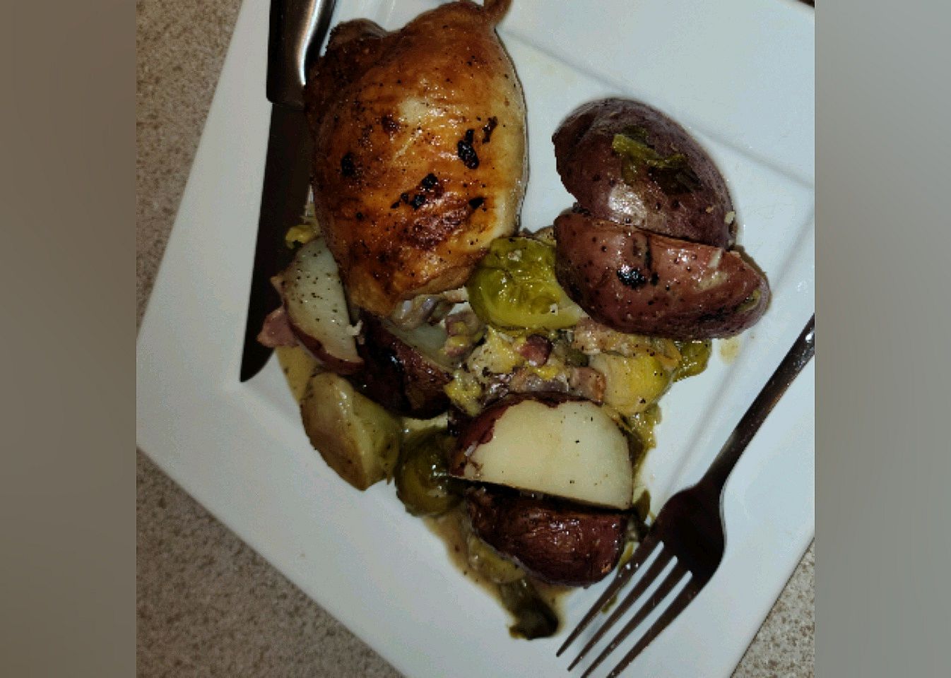 Pan-Roasted Chicken with Lemon-Garlic Brussels Sprouts and Potatoes