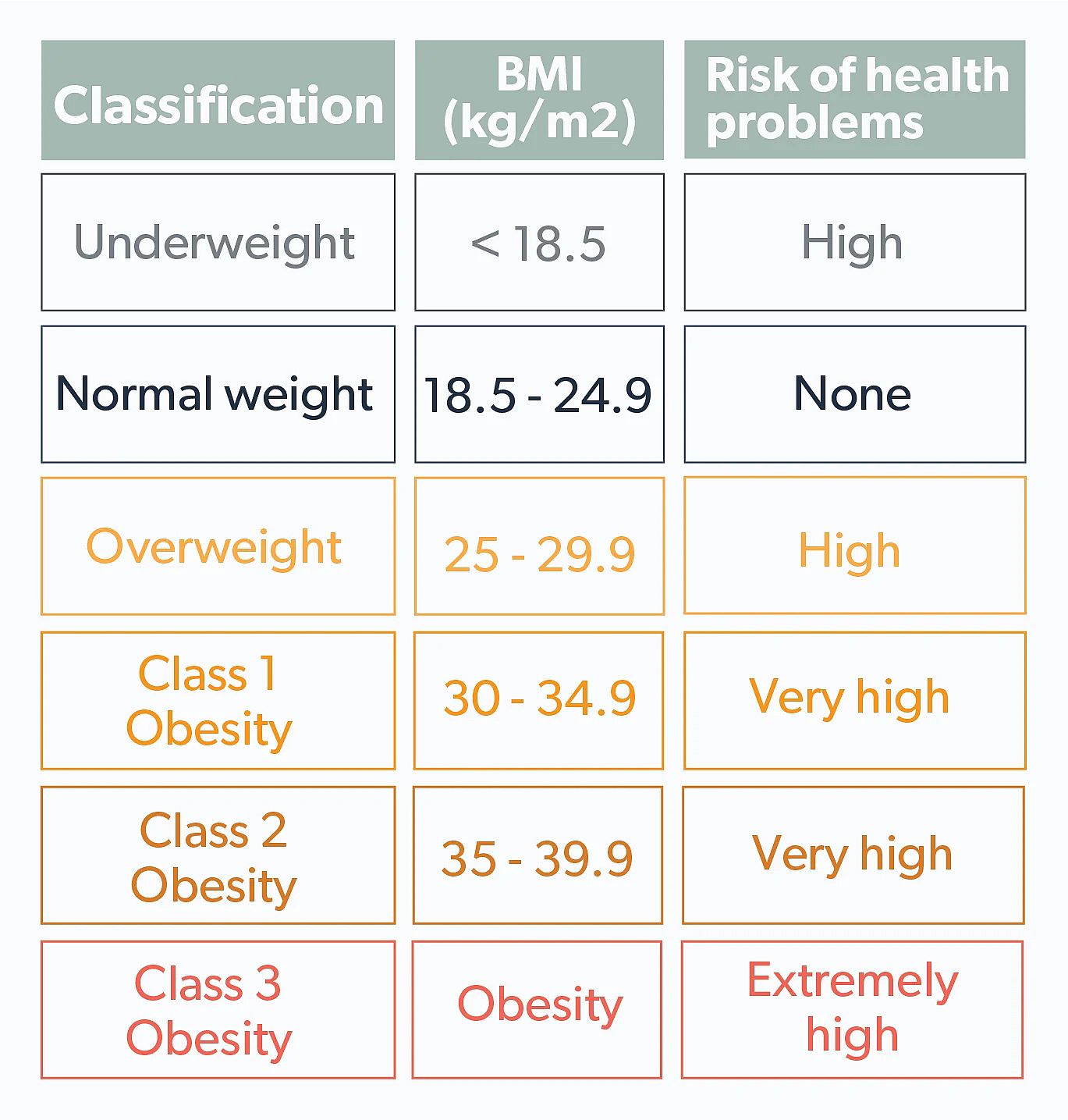 Infographic showing body classification against BMI and if there is risk of health problems.