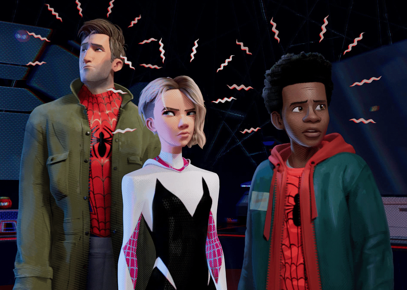 Jake Johnson, Hailee Steinfeld, and Shameik Moore in 'Spider-Man: Into the Spider-Verse'.