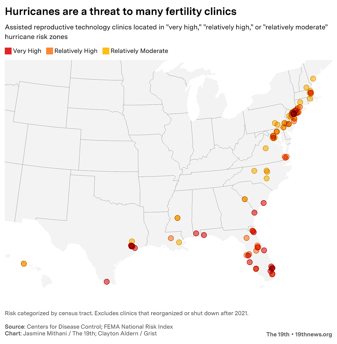 Map showing assisted reproductive technology clinics located in "very high," "relatively high," or "relatively moderate" hurricane risk zones.