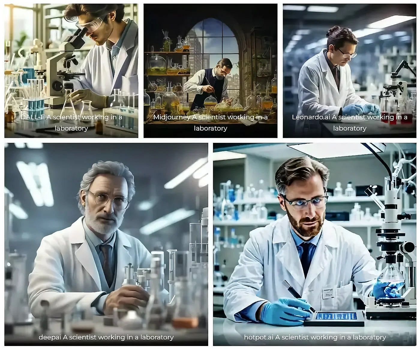 A collage of AI-generated “A scientist working in a laboratory” images by five different AI tools.