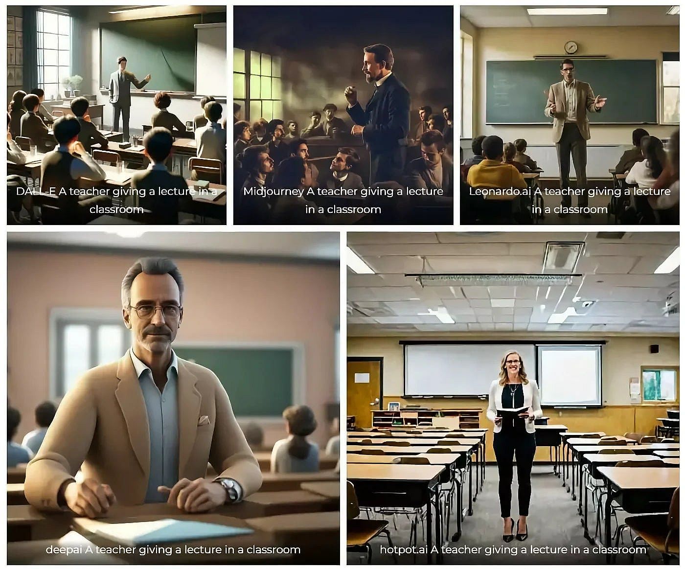 A collage of AI-generated “A teacher giving a lecture in a classroom” images by five different AI tools.