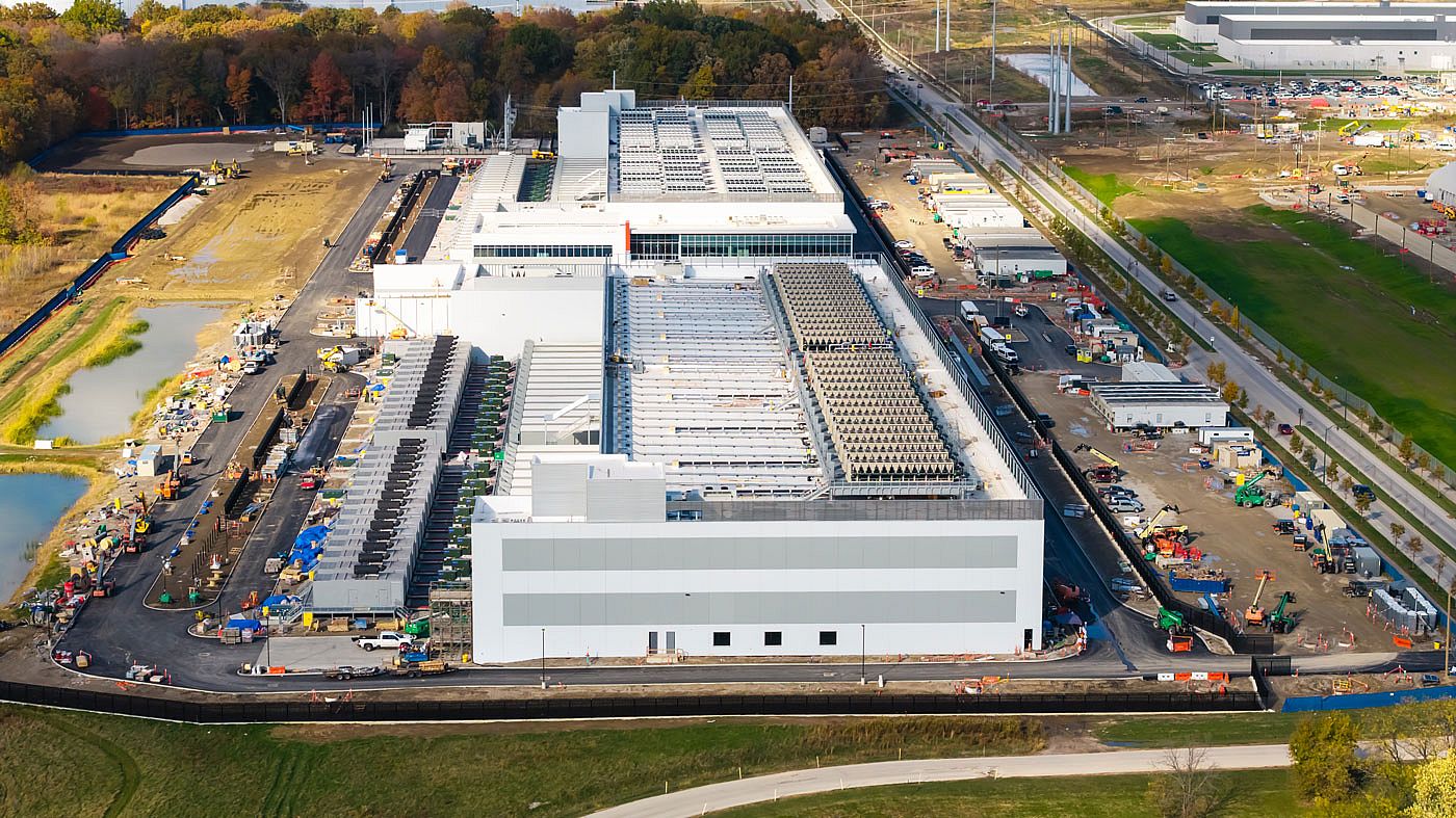 Aerial view of construction of new massive data center outside of the suburbs of Columbus City, Ohio.