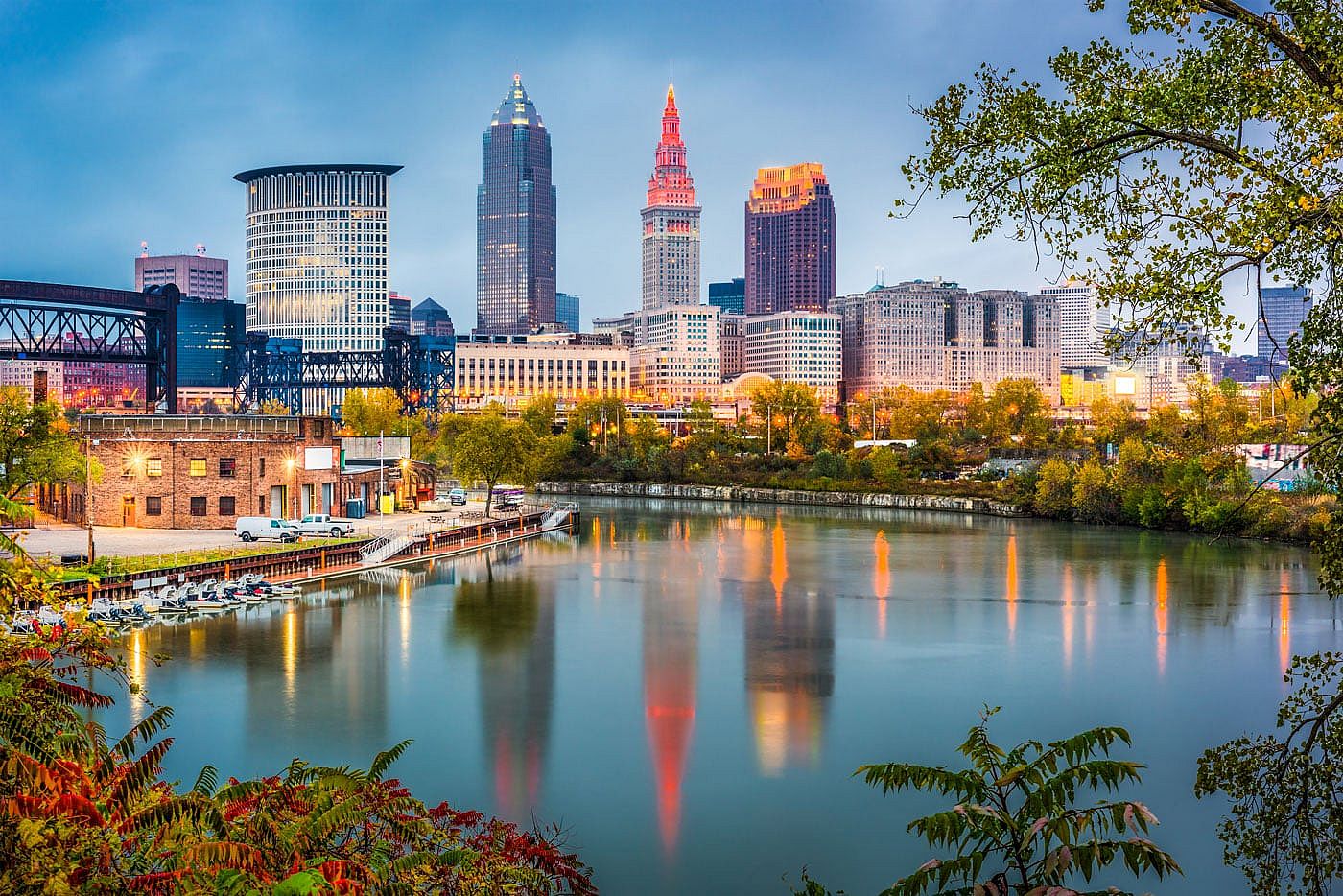 Cleveland skyline on the Cuyahoga River in autumn.