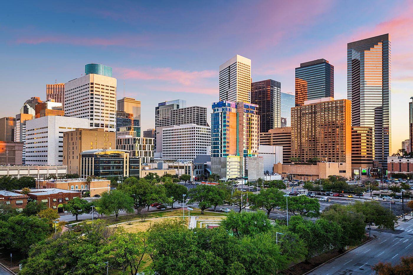 Houston, Texas, USA downtown city park and skyline.