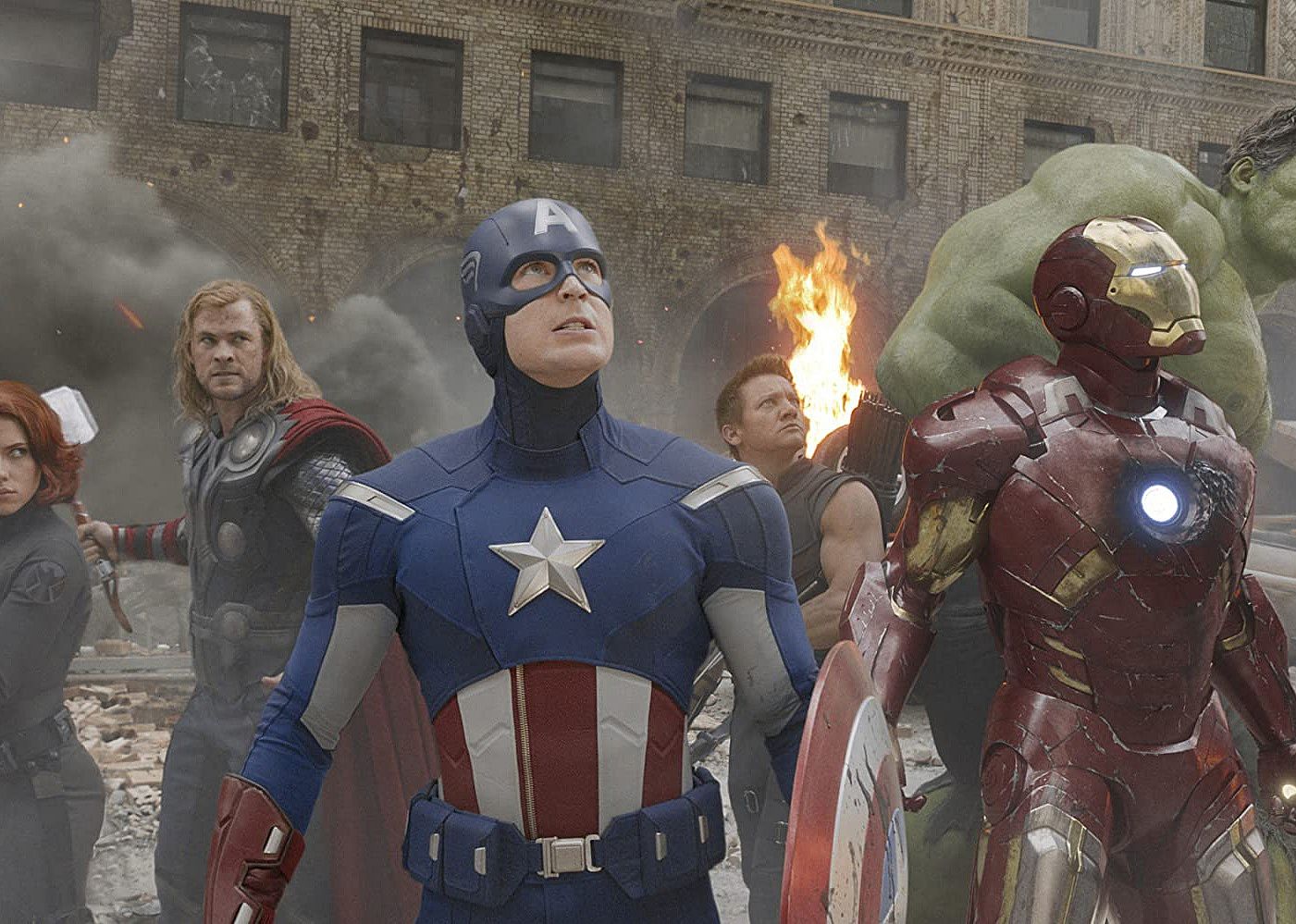 Robert Downey Jr., Chris Evans, Scarlett Johansson, Jeremy Renner, Mark Ruffalo, and Chris Hemsworth as superheroes.