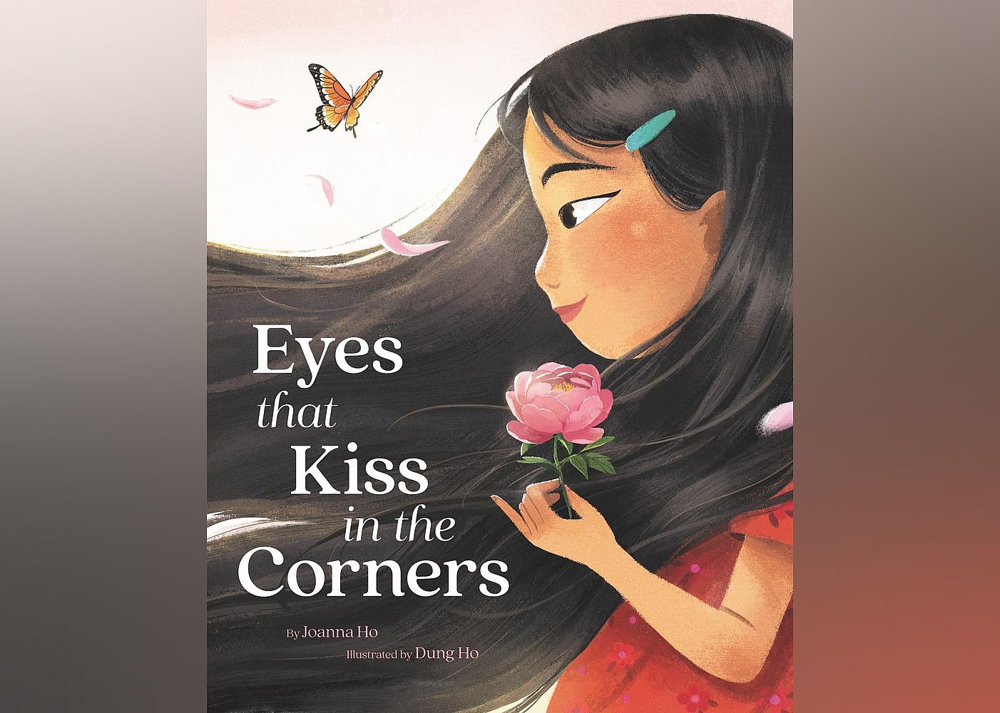 The cover of "Eyes That Kiss in the Corners" features a young Asian girl holding a pink flower with a butterfly flying near her.