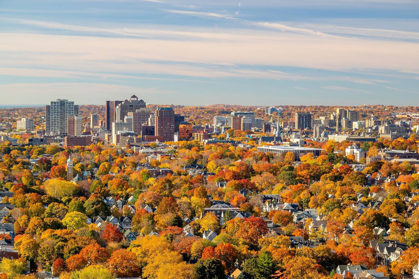 New Haven city downtown skyline cityscape of Connecticut, USA in autumn