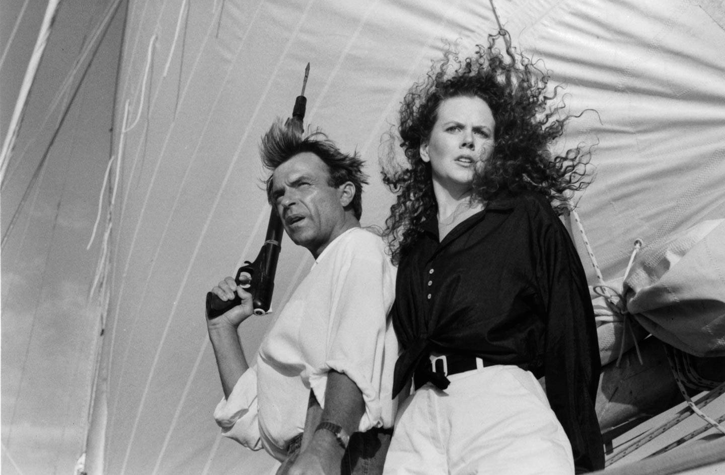 Actor Sam Neill and Actress Nicole Kidman on the set of the Warner Bros movie "Dead Calm" circa 1989.