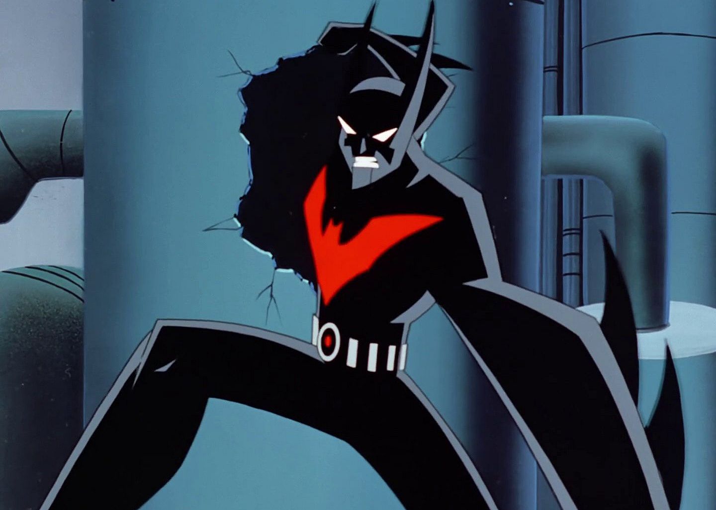 An animation of Batman punching a hole in a steel pipe.